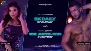 Flirt4Free January Jumpstart promotion featuring 5K daily credit giveaways and 10K Auto-Win rewards for live cam performers and members