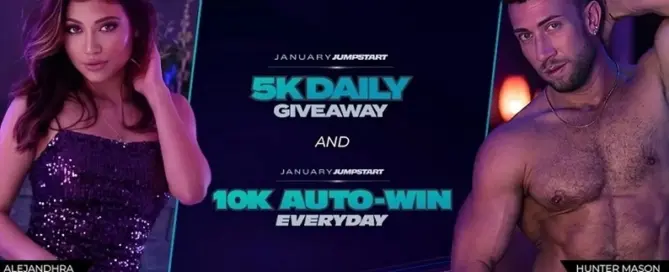 Flirt4Free January Jumpstart promotion featuring 5K daily credit giveaways and 10K Auto-Win rewards for live cam performers and members