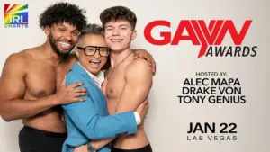 Tony Genius, Alec Mapa, and Drake Von pictured at the 2026 GayVN Awards in Las Vegas, celebrating gay adult industry excellence, JRL CHARTS.
