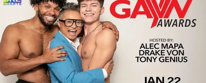 Tony Genius, Alec Mapa, and Drake Von pictured at the 2026 GayVN Awards in Las Vegas, celebrating gay adult industry excellence, JRL CHARTS.