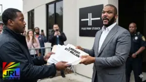 JRL CHARTS AI-generated illustration depicting Tyler Perry $77M sexual assault lawsuit filing