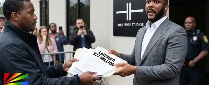 JRL CHARTS AI-generated illustration depicting Tyler Perry $77M sexual assault lawsuit filing
