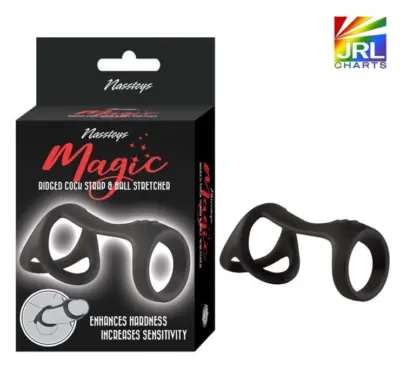 Retail packaging for NASSTOYS Magic Ridged Cock Strap & Ball Stretcher — JRL CHARTS Sex Toys News