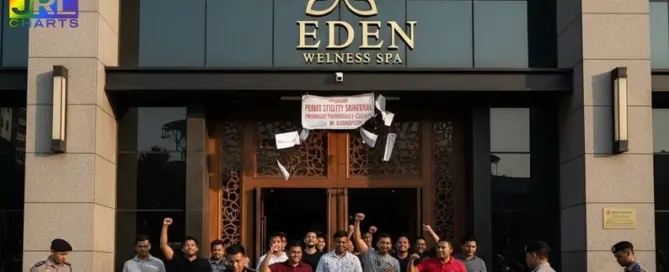 Men standing outside Eden Wellness Spa in Kuala Lumpur after Malaysian police raided the alleged gay spa and detained over 200 people, as reported by JRL CHARTS.