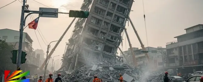 AI-generated image of Taiwan after a powerful 7.1 earthquake with emergency response visuals and city skyline, branded by JRL CHARTS