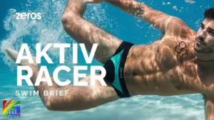 Male model wearing 2EROS AKTIV Racer performance swim briefs underwater in official swimwear commercial campaign