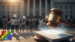 AI-generated illustration showing a federal courthouse and justice scale symbolizing ruling against DOJ subpoena on trans youth healthcare