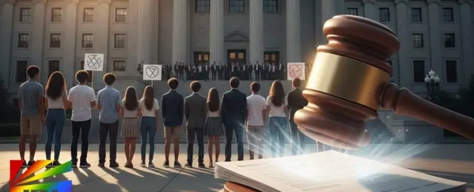 AI-generated illustration showing a federal courthouse and justice scale symbolizing ruling against DOJ subpoena on trans youth healthcare