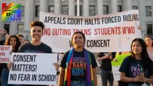 LGBTQ advocates and transgender students protest after a federal appeals court blocked a school policy allowing teachers to disclose students’ gender identity without consent, in a JRL CHARTS political news photo.