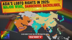 Map of LGBTQ rights in Asia showing countries with marriage equality, limited recognition, discrimination bans, and regions facing crackdowns in 2025, by JRL CHARTS