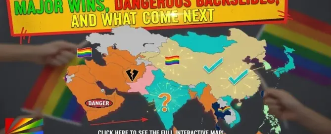 Map of LGBTQ rights in Asia showing countries with marriage equality, limited recognition, discrimination bans, and regions facing crackdowns in 2025, by JRL CHARTS