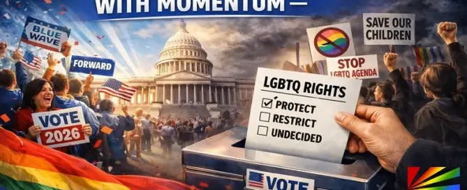 Editorial image showing the U.S. Capitol, voters casting ballots, and LGBTQ civil rights highlighted as a major issue in the 2026 midterm elections — JRL CHARTS LGBT Politics