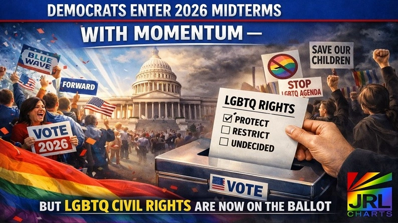 Editorial image showing the U.S. Capitol, voters casting ballots, and LGBTQ civil rights highlighted as a major issue in the 2026 midterm elections — JRL CHARTS LGBT Politics