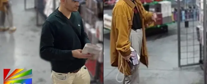 Surveillance images released by El Paso Crime Stoppers showing suspects wanted in a theft at an Adult Video Warehouse store in El Paso, Texas.