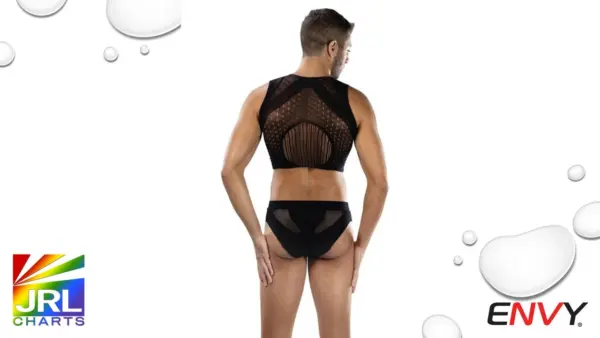 Back view of model wearing the ENVY Maverick Edge 2-Piece Set by XGEN Products, showcasing the rear design of the men’s underwear and mesh top