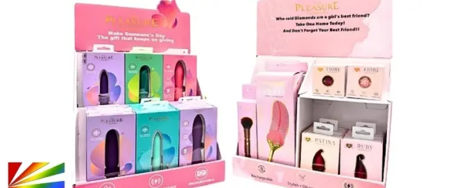 Full Circle counter display featuring jewelry collection and bullet vibe products for adult retailers, pleasure products merchandising by JRL CHARTS