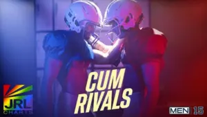 Leo Levine and Samm Fitness star in MEN.com’s “Cum Rivals,” a gay sports erotica locker room release featured by JRL CHARTS