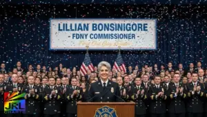 Lillian Bonsignore stands at a podium after being named the first openly gay FDNY commissioner as uniformed firefighters applaud during her New York City announcement