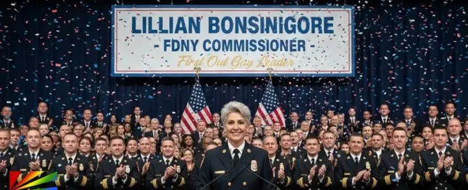 Lillian Bonsignore stands at a podium after being named the first openly gay FDNY commissioner as uniformed firefighters applaud during her New York City announcement