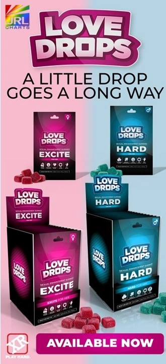 Love Drops sexual enhancement gummies in 12-count countertop POP display featuring Excite and Hard formulas for retail sales