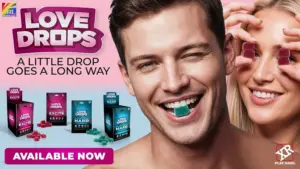 Love Drops sexual enhancement gummies featuring Excite and Hard formulas with lifestyle couple and retail packaging