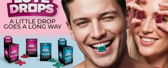 Love Drops sexual enhancement gummies featuring Excite and Hard formulas with lifestyle couple and retail packaging