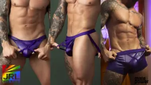 Male Power Eggplant Collection men’s underwear featuring wet-look purple fabric as reported by JRL CHARTS Men’s Fashion News.