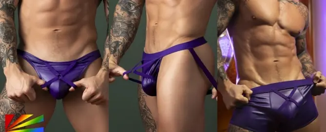 Male Power Eggplant Collection men’s underwear featuring wet-look purple fabric as reported by JRL CHARTS Men’s Fashion News.