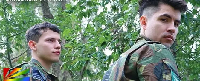 Men of the Military 6 stars Felix Harris, Daniel Trebol, and Joris Leonard in the latest military-themed gay adult film release.