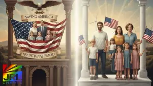 Illustration showing traditional family imagery promoted by the Heritage Foundation’s “Saving America by Saving the Family” report contrasted with modern American families, highlighting concerns for LGBTQ parents.