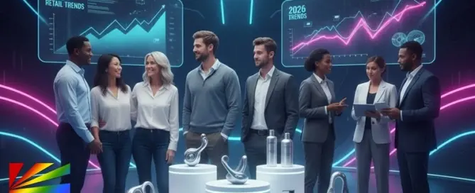 B2B sex toy retailers and industry professionals reviewing 2026 pleasure product trends with premium wellness toys and digital retail growth charts