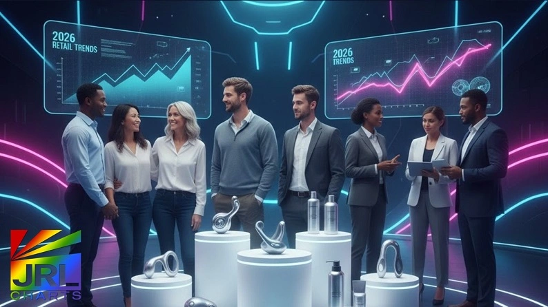 B2B sex toy retailers and industry professionals reviewing 2026 pleasure product trends with premium wellness toys and digital retail growth charts