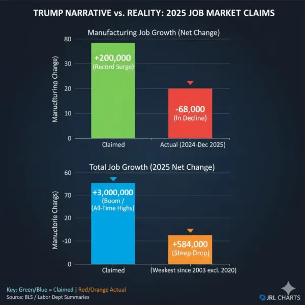 Chart comparing U.S. manufacturing and total job growth claims versus actual employment data for 2025, JRL CHARTS