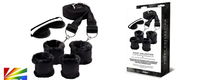 Whipsmart Fuzzy Bedroom Bondage Kit featuring padded cuffs, adjustable under-bed straps, and eyemask by XGEN Products