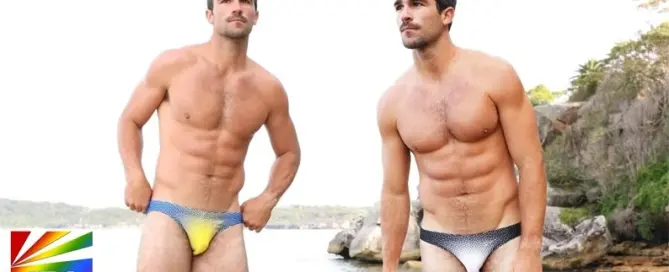 Male model wearing 2EROS V20 Comic Swim Briefs featuring bold comic prints and contoured fit for summer 2026 swimwear fashion