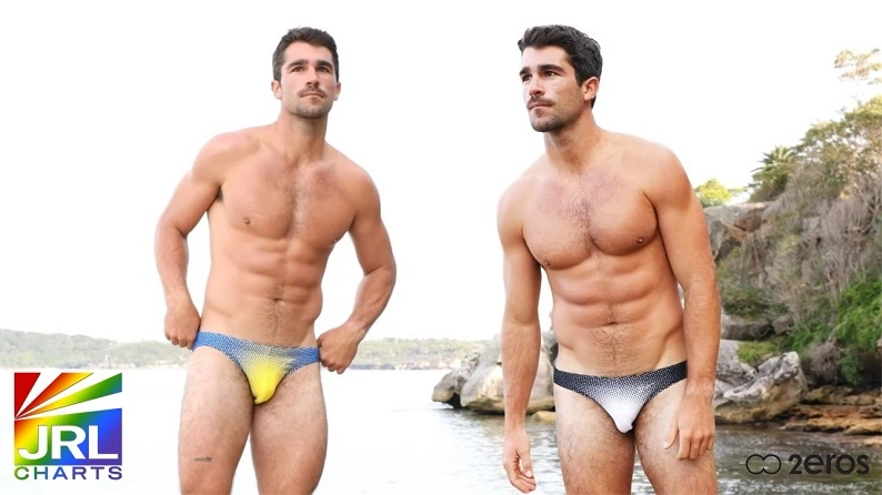 Male model wearing 2EROS V20 Comic Swim Briefs featuring bold comic prints and contoured fit for summer 2026 swimwear fashion