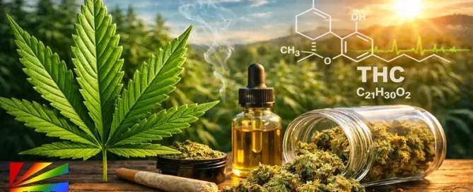 Digital illustration showing cannabis leaf and glowing human brain with THC molecular structure, representing how marijuana affects brain function and mental health