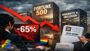 Illustration showing a 65 percent decline in Fortune 500 participation in the 2026 Corporate Equality Index report by the Human Rights Campaign.