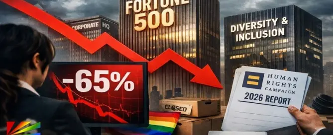Illustration showing a 65 percent decline in Fortune 500 participation in the 2026 Corporate Equality Index report by the Human Rights Campaign.