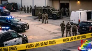 Law enforcement officers and armored vehicles outside a warehouse during a police raid in Dallas, Texas.
