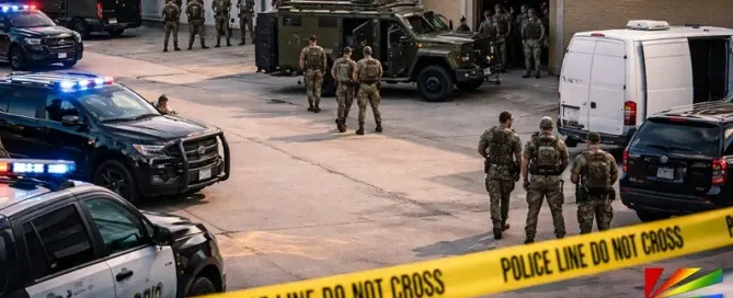 Law enforcement officers and armored vehicles outside a warehouse during a police raid in Dallas, Texas.