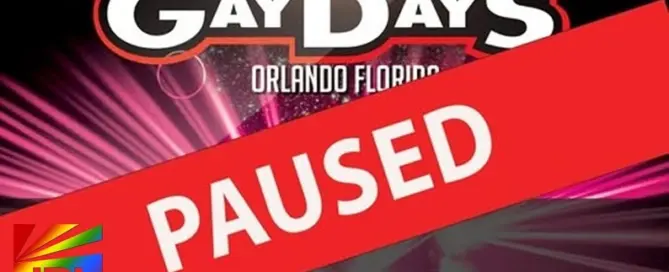 Graphic showing “Gay Days Orlando Florida” with “Paused” banner announcing the cancellation of the 35th anniversary Disney Gay Days event in 2026.