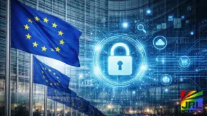 European Union flags outside the European Commission headquarters in Brussels with digital security lock overlay representing Digital Services Act online safety enforcement