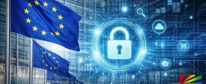 European Union flags outside the European Commission headquarters in Brussels with digital security lock overlay representing Digital Services Act online safety enforcement