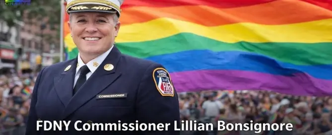 FDNY Commissioner Lillian Bonsignore in official uniform standing before a Pride flag during a Queens Pride Parade announcement in New York City.