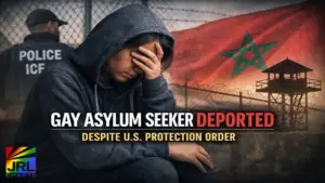 Composite image depicting a distressed woman, ICE officer silhouette, Moroccan flag, and detention watchtower illustrating deportation of a gay asylum-seeker despite U.S. protection order.
