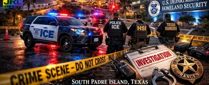 ICE, Homeland Security Investigations and Texas Rangers conduct a federal investigation scene in South Padre Island, Texas.