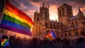 Rainbow Pride flag raised outside a historic Church of England cathedral during international debate over same-sex blessing ceremonies