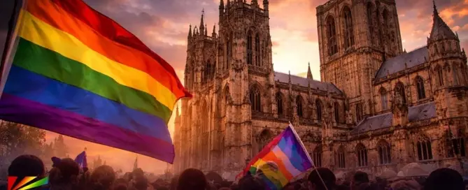 Rainbow Pride flag raised outside a historic Church of England cathedral during international debate over same-sex blessing ceremonies