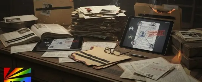 Investigative journalism workspace with Epstein files, verified records, and digital documents displayed on tablets, symbolizing legal-compliant reporting by JRL CHARTS.